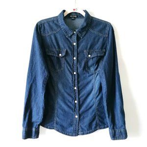 New Look Womens Blue Roll Tab Sleeve Dual Pockets Denim Snap Front Shirt Size L